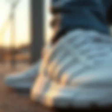 Close-up of the texture and design of Adidas white shoes