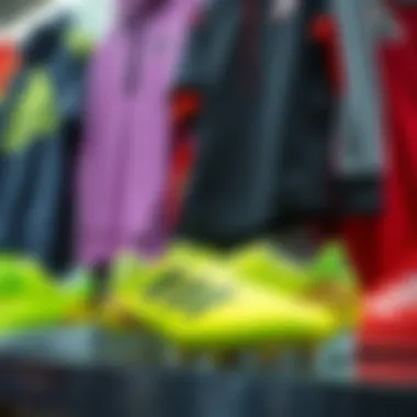 Stylish display of Adidas green cleats alongside sports apparel