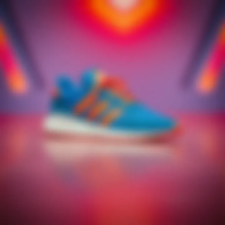 Stylish Adidas blue and orange sneakers on a vibrant background