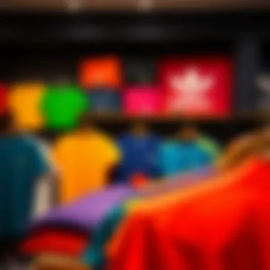 Adidas t-shirts displayed in a vibrant retail setting with various colors.