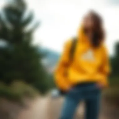 Adidas yellow sweatshirt styled for a casual outdoor look