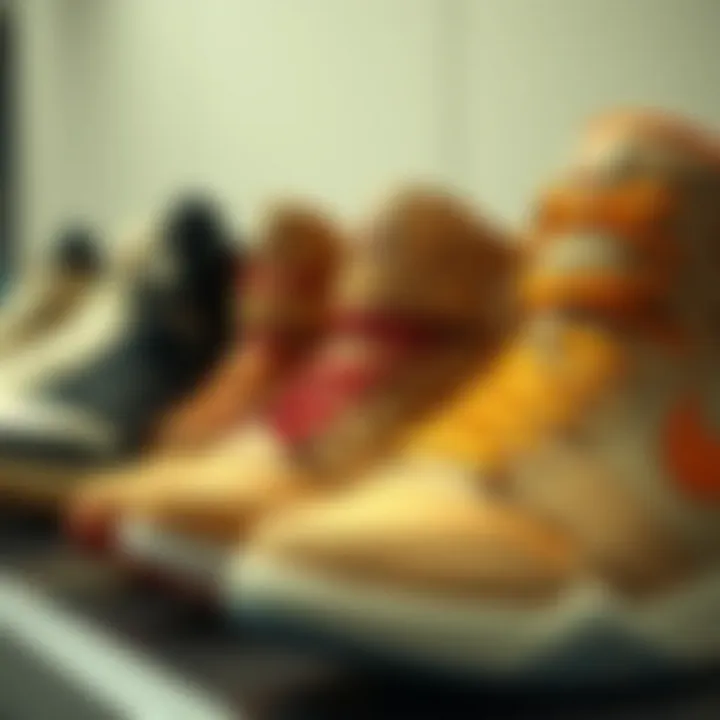 Different styles of basketball shoes lined up for selection