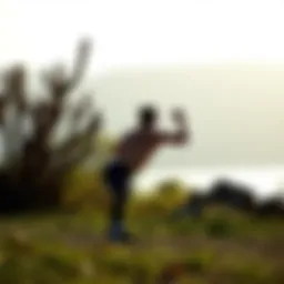 A person performing a bodyweight squat in a serene outdoor setting.