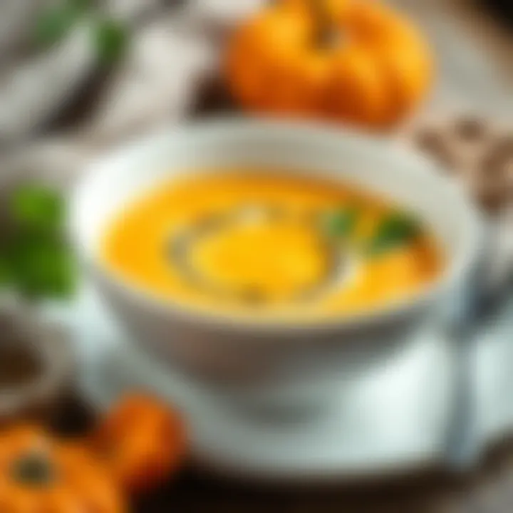 Creamy Pumpkin Delight A close-up of a creamy pumpkin soup garnished with seeds and herbs in an elegant bowl