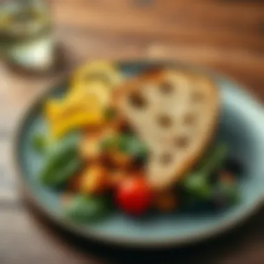A balanced plate featuring vegetables and a slice of artisan bread.