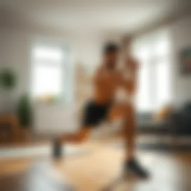 An individual practicing a series of lunges in a bright home environment.