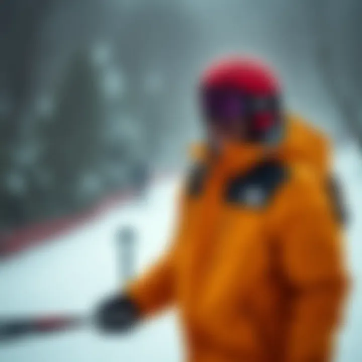A person engaging in winter sports while wearing the North Face parka, showcasing its versatility.