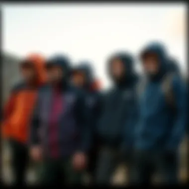 Group of outdoor enthusiasts showcasing their jackets