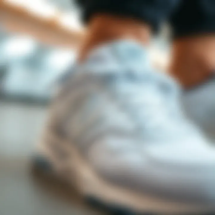 Innovative Materials in New Balance White Sneakers A close-up view of the innovative materials used in New Balance white sports shoes