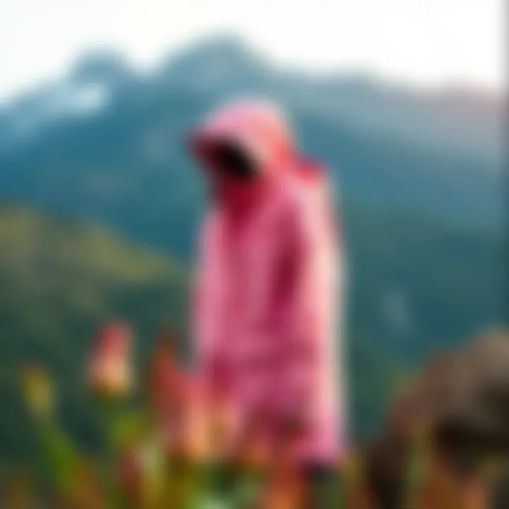 Chic North Face pink jacket on a scenic mountain backdrop