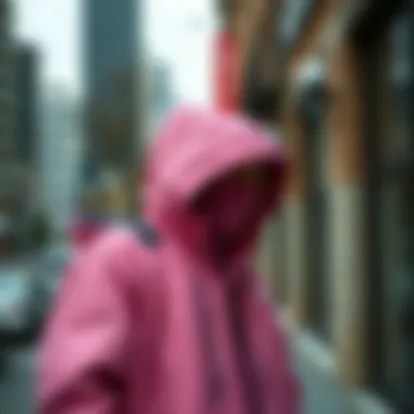 North Face pink jacket displayed in a fashion-forward urban setting