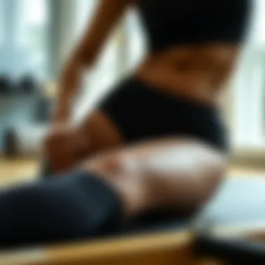 A close-up of a Pilates exercise focusing on lower body