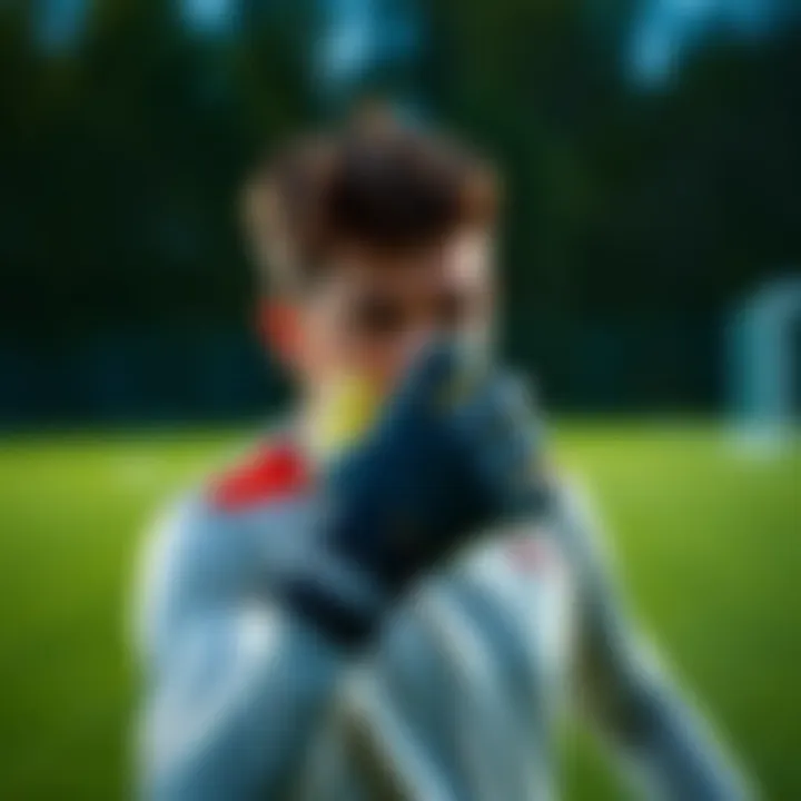 Young athlete wearing Puma goalkeeper gloves on the field