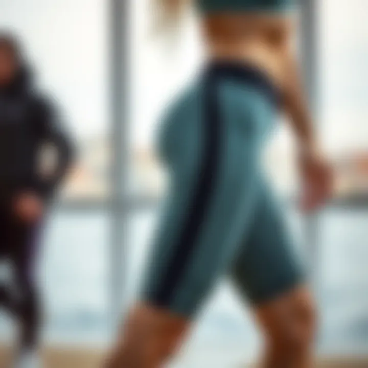 A side view of swim tights emphasizing their fit and design elements.